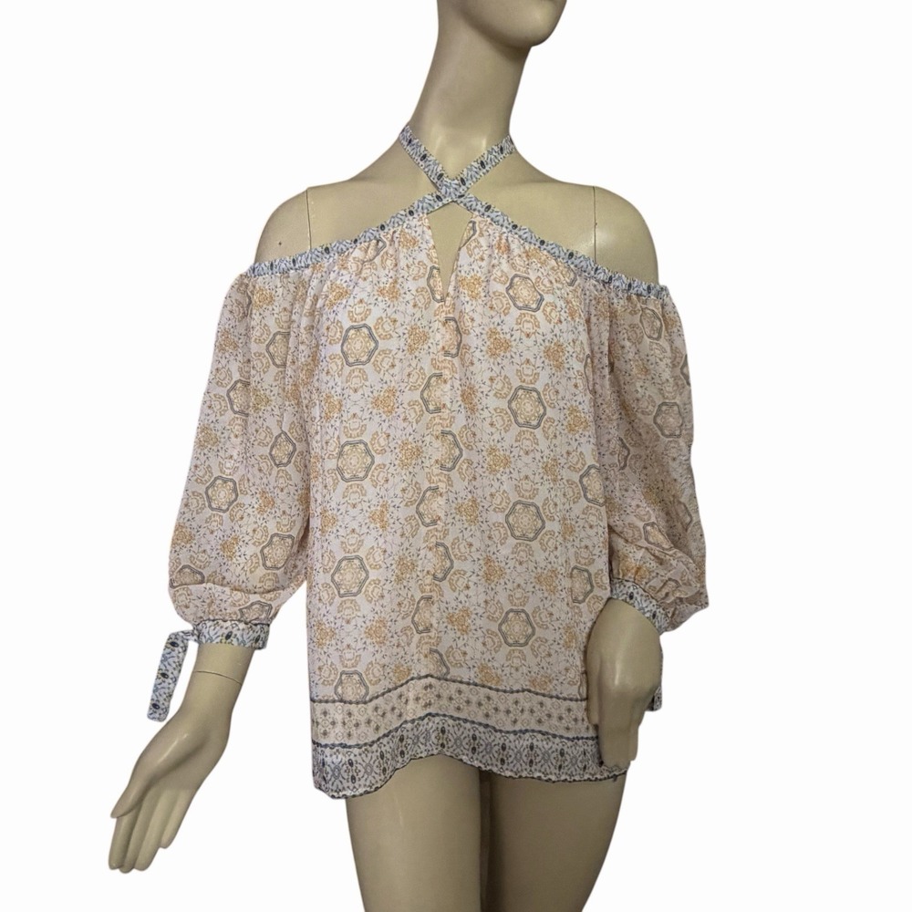 Skies Are Blue Cold Shoulder Blouse‎ 1X Boho Chic Medallions Criss Cross Halter